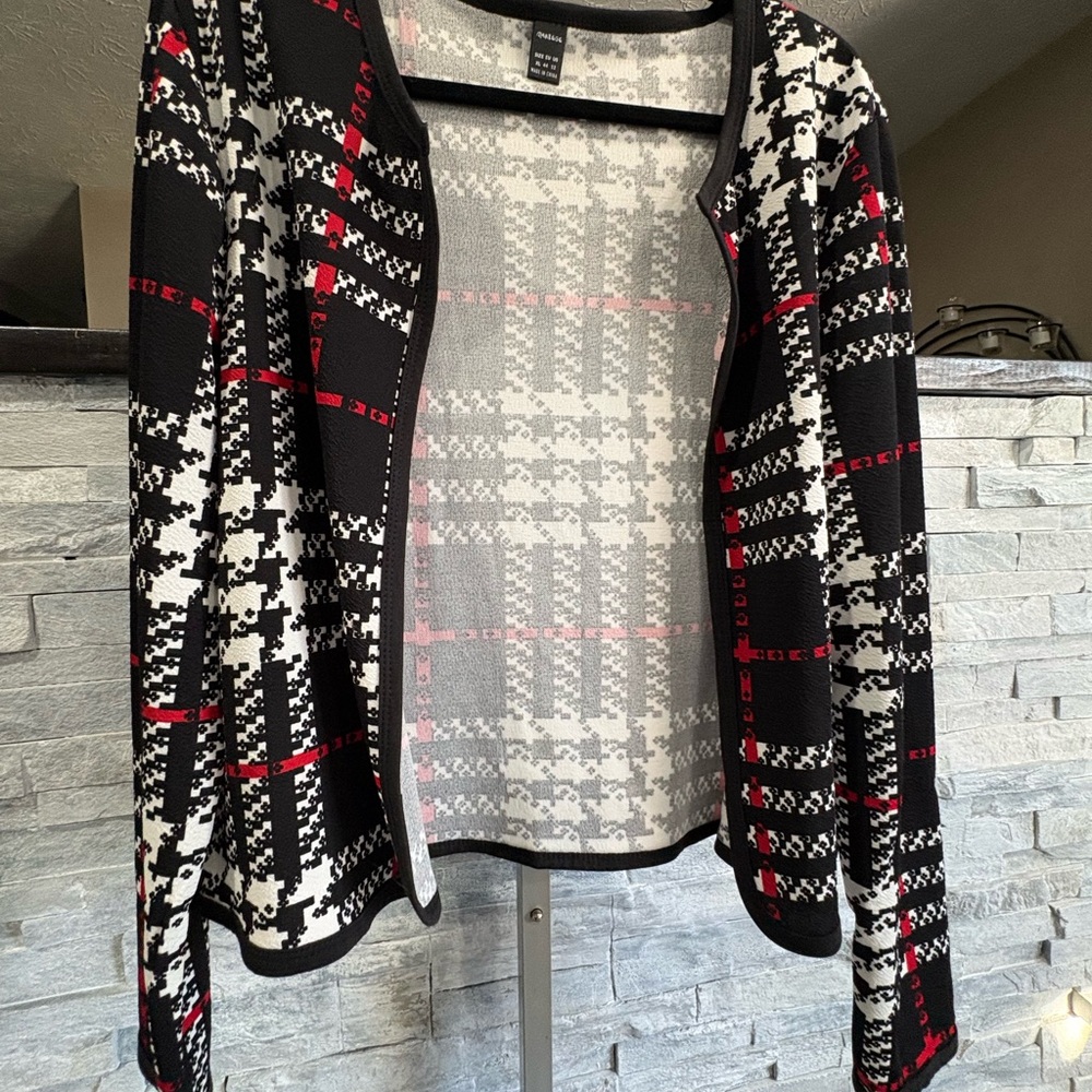 Black White Red Plaid Open Cardigan